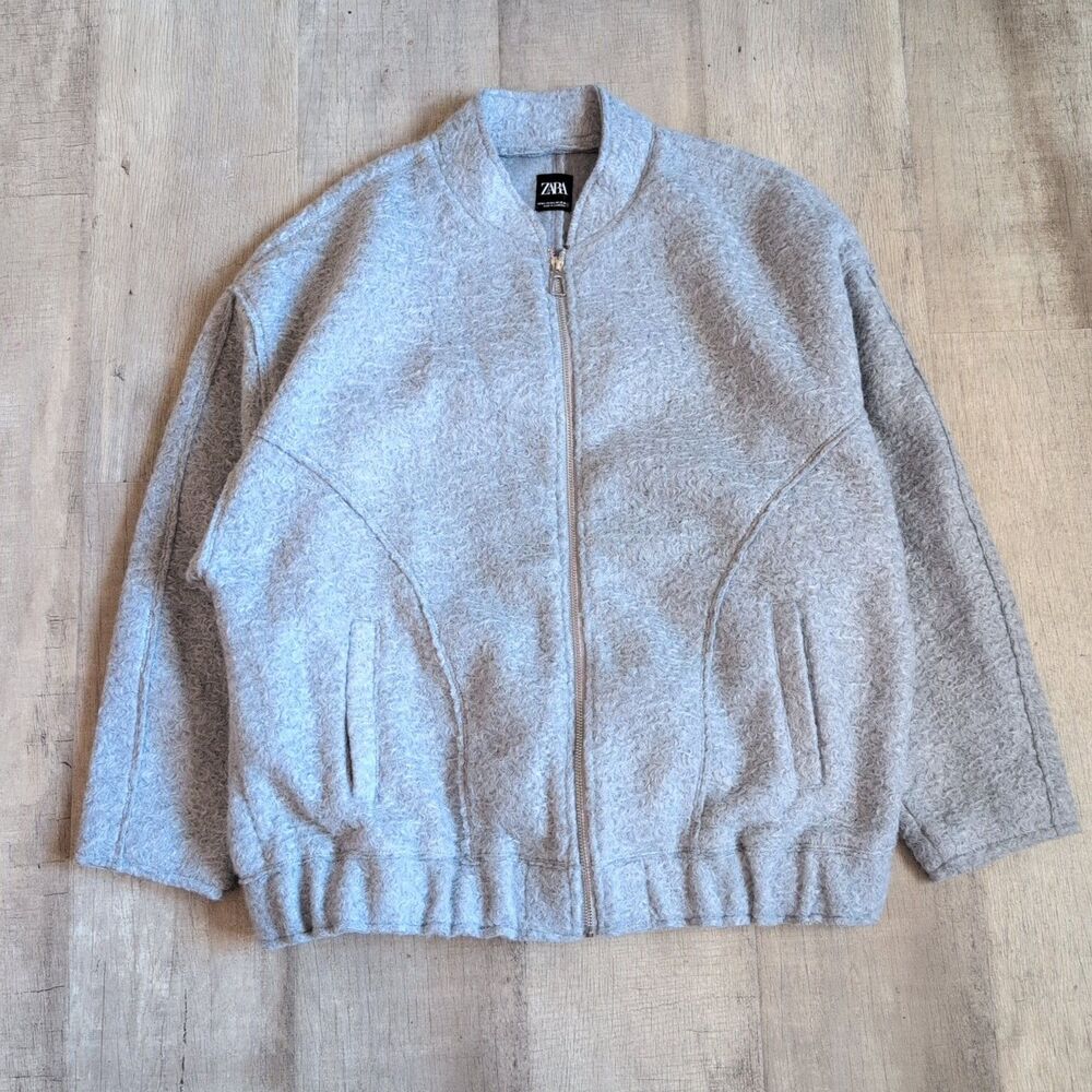 Zara Jacket Womens M-LGray Full Zip Long Sleeve Textured Blogger Bomber Coat